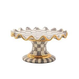 Brand New Mackenzie-Childs Sterling Check Ceramic Fluted Cake Stand